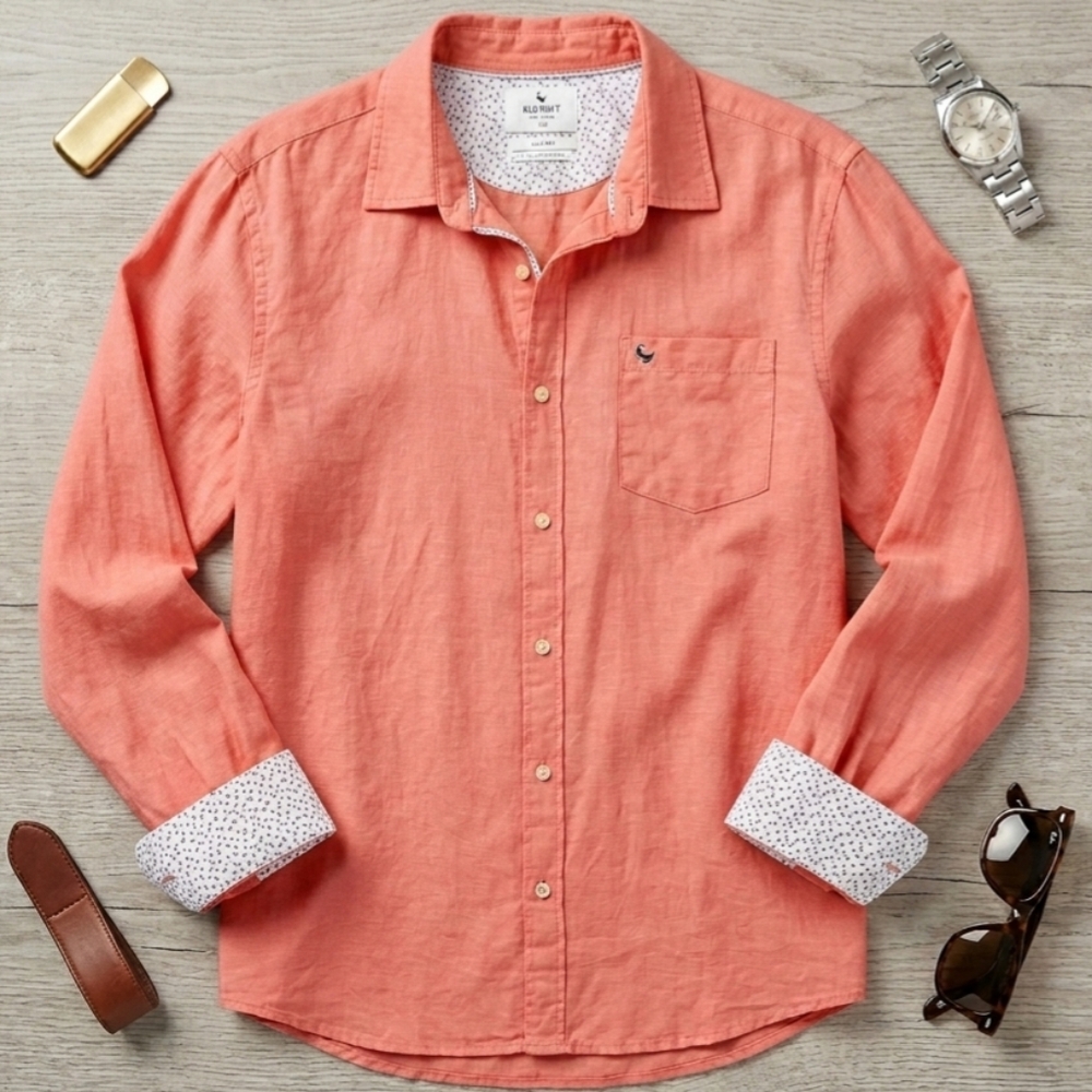 Old Khaki Large Linen Cotton Salmon Pink Floral Trim Button Down Slim Fit Shirt